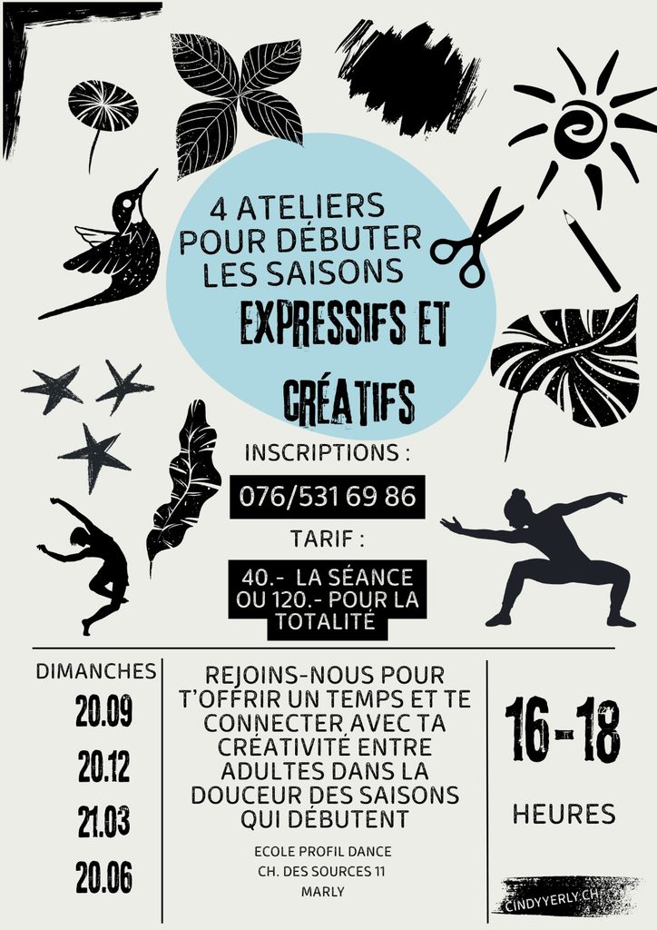 Affiche d’ateliers créatifs et expressifs pour adultes à Marly, mêlant danse, mouvement et arts visuels, avec dates, horaires, tarifs et inscription pour développer sa créativité au fil des saisons.
